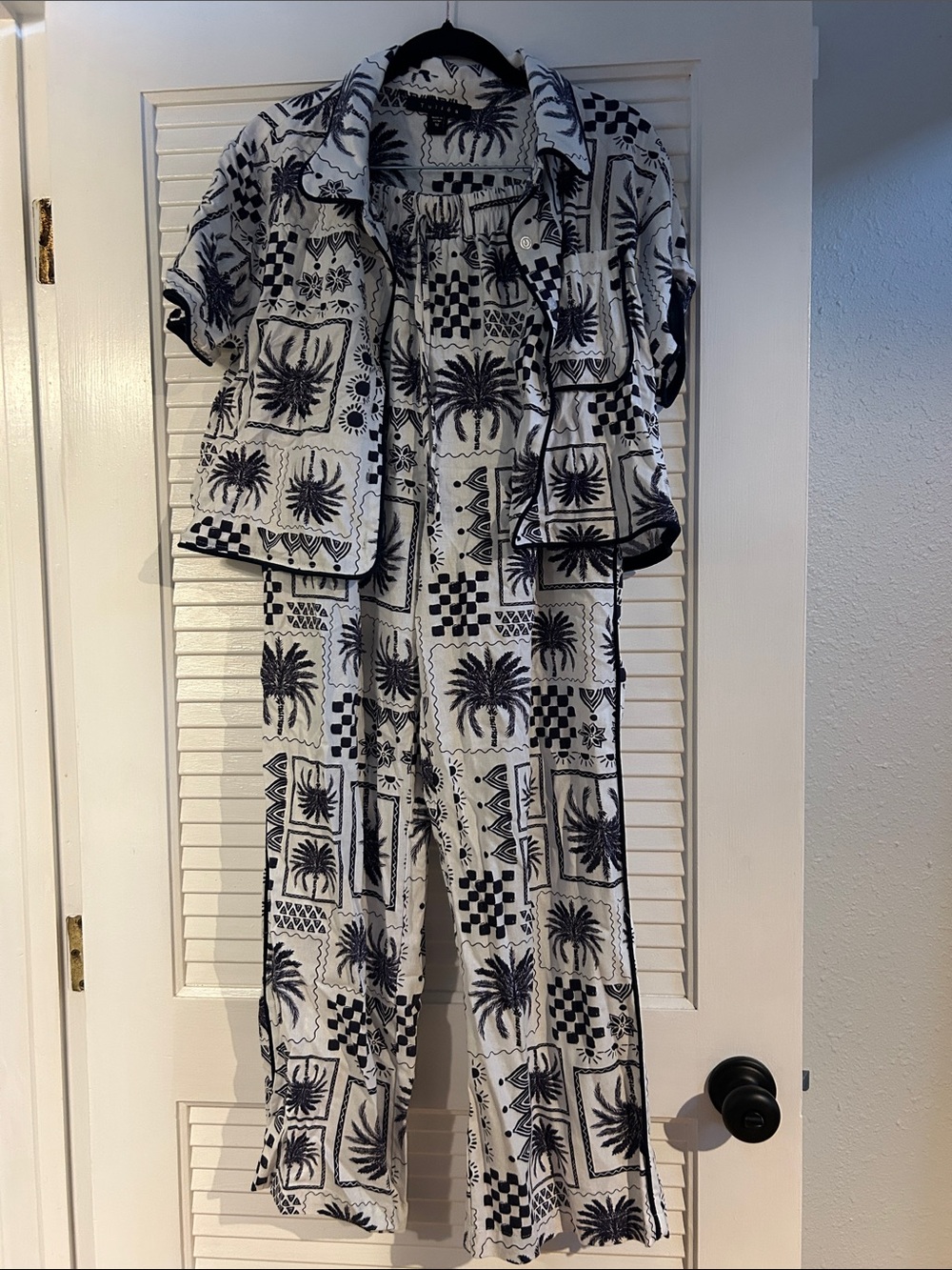 Linen Navy & White Palm Print Two-Piece Set